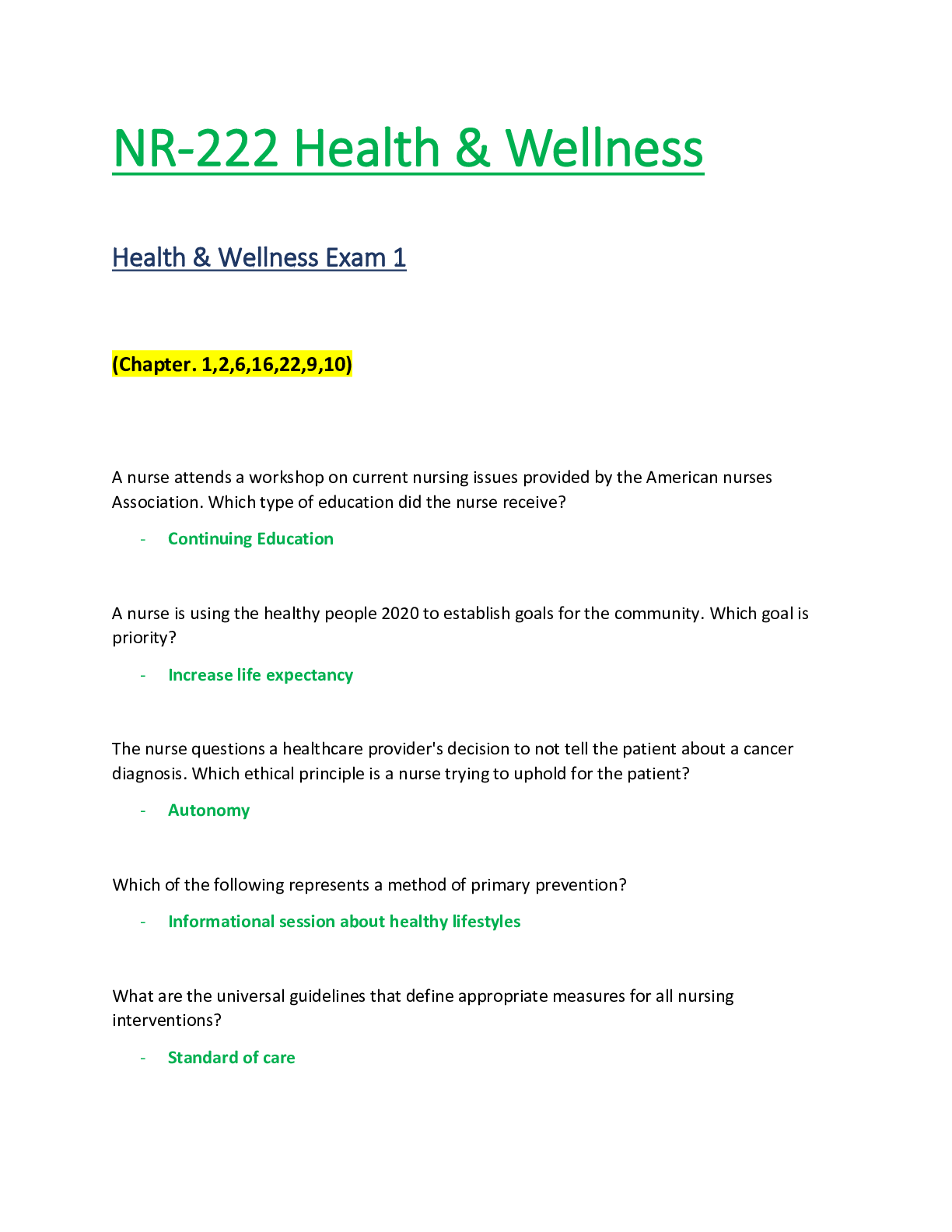 Preview of NR222 / NR 222 Exam 1 (Latest Update): Health & Wellness -  Chamberlain